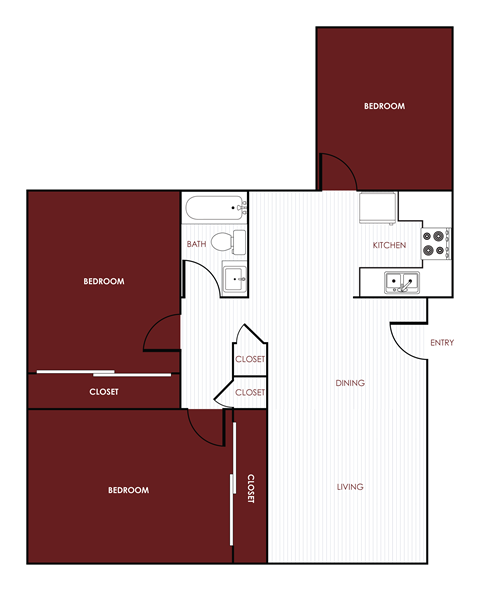 Floor plan for 3 beds, 1 bath, 1200 sqft
